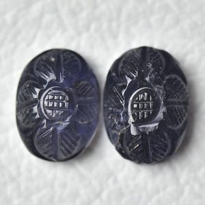 2 Pieces Natural Iolite Carved Cabochons 10x13mm to 10x13.7mm Oval Genuine Iolite Carving Gemstone Cabs Loose Stones Semi Precious C-21025