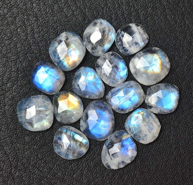 5 Pieces Natural Rainbow Moonstone Lot Faceted Slice 7x8mm to 8x9mm Rare White Moonstone Slice Flat Back Rose Cut Slices Cabochon C-17026 image 3