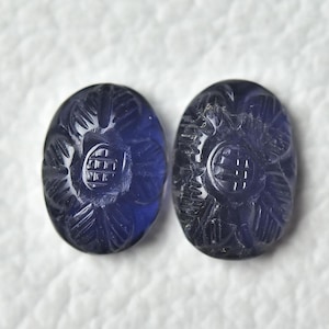 2 Pieces Natural Iolite Carved Cabochons Lot 9x12mm to 8.8x12.8mm Oval Genuine Iolite Carving Gemstone Cabs Loose Stones Cabochon C-21031