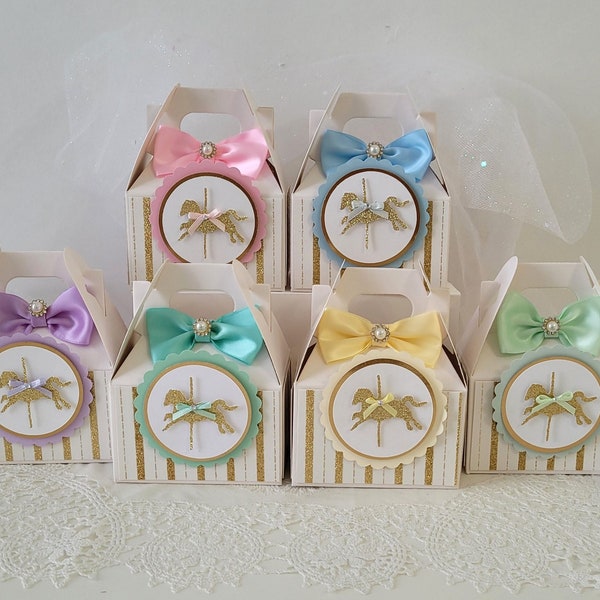 Carousel Horse Favor Boxes Plus Matching Polka Dot Straws, Carousel Horse Favors, Carousel Treat Favor Boxes, Baby Reveal Favor Boxes.