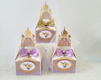 Jasmine Gold Genie Lamp Favor boxes/ Jasmine Gold and Purple Favor Boxes/ Jasmine Birthday Party Decorations