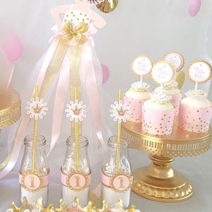 Princess Party Favors: Gold Crown Toppers, Straws, Bottle Labels