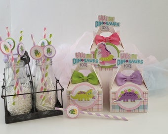 Girl Pink Dinosaur Favor Boxes with Matching Straws/ Dinosaur Party Decorations/ Girl Dinosaur Birthday.