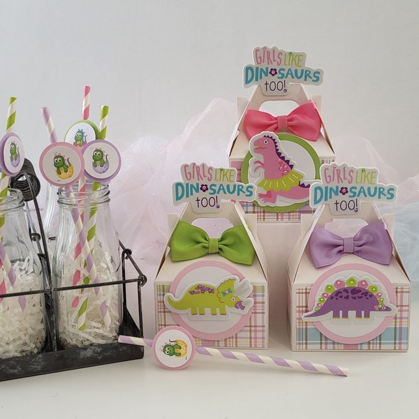 Girl Pink Dinosaur Favor Boxes with Matching Straws/ Dinosaur Party Decorations/ Girl Dinosaur Birthday.