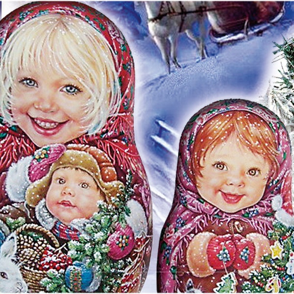 Définissez 4 cartes à collectionner de vœux de Noël. Nidification de poupées russes Roly Poly de l’artiste. Saint-Valentin Cadeau de Noël du Nouvel An.