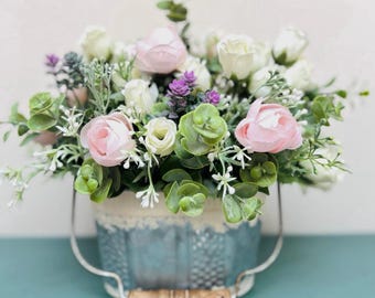 Pink Floral Centerpiece, Farmhouse Spring Table Decor