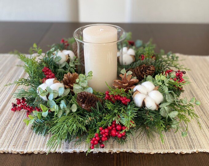 Christmas Candle Centerpiece, Christmas Candle Ring, Winter Arrangement