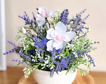 Magnolia Flower Centerpiece with Lavender in White Ceramic Vase, Spring Table Decor