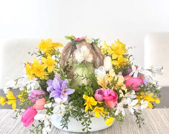 Easter Bunny Centerpiece, Spring Floral Arrangement, Easter Table Decor