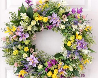 Colorful Spring Front Door Wreath with Yellow Forsythia, Wildflower Floral Decor