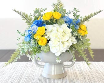 Spring Table Centerpiece, Blue Yellow Hydrangea Ranunculus Arrangement in Pedestal Vase