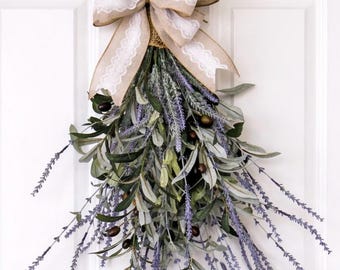 Olive Lavender Swag Wreath Door Hanger, Front Door Swag, Farmhouse Greenery Swag with Burlap Lace Bow, Spring Summer Decor