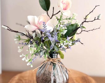 Magnolia and Lavender Centerpiece in Ribbed Glass Vase, Spring Table Decor