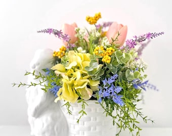 Easter Bunny Centerpiece, Tulip Hydrangea Arrangement, Easter Table Decor