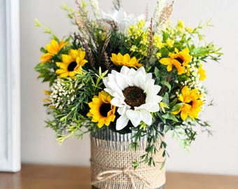 Sunflower Centerpiece, Farmhouse Floral Arrangement, Summer Table Decor, Galvanized Vase