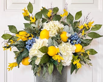 Lemon Hydrangea Door Basket Wreath, Farmhouse Spring Front Door Decor