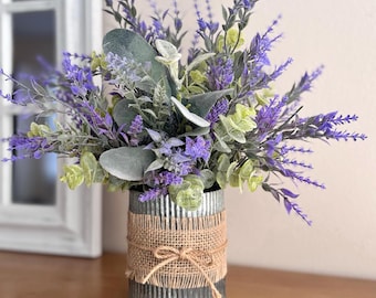 Lavender Lamb’s Ear Centerpiece with Eucalyptus, Farmhouse Rustic Table Decor