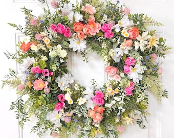 Pink Spring Wreath for Front Door, Floral Cottage Garden Decor