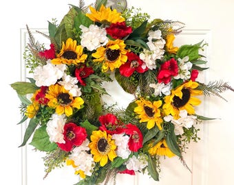 Sunflower Front Door Wreath, Summer Fall Hydrangea Poppy Wreath, Rustic Farmhouse Decor