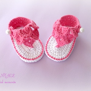 Crochet Sweet Shoes for Baby Girl, Crochet Cotton Baby Sandals Shoes, Baby Gift, Combination in White & Fouchia Colour, Summer baby shoes