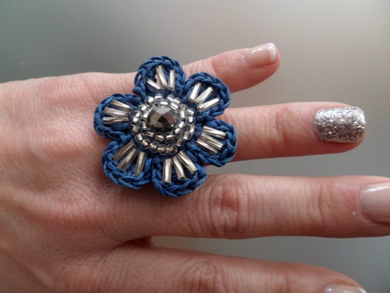 Crocheted Blue Flower Ring Decorated With Seed & Tube Glass Beads in Silver  Colour/celebration Gift/crochet Jewelry/crochet Ring 