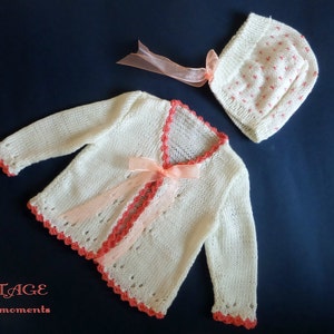 Hand Knitted Sweater set Cardigan & Cap for a Baby Girl  0-6 months old. Combination vanilla - coral color. Baby shower gift. READY TO SHIP!