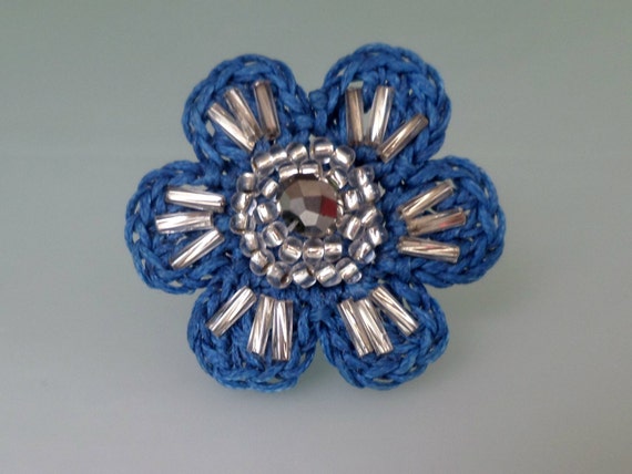 Crocheted Blue Flower Ring Decorated with Seed & Tube Glass Beads in Silver Colour/Celebration Gift/Crochet Jewelry/Crochet Ring