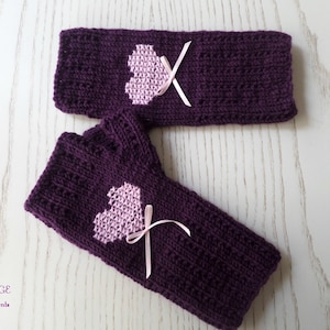 Valentine's Gift Handknit Wool Fingerless Gloves Arm Warmers in Purple with Cross Stich Pink Heart, Mitts with Heart