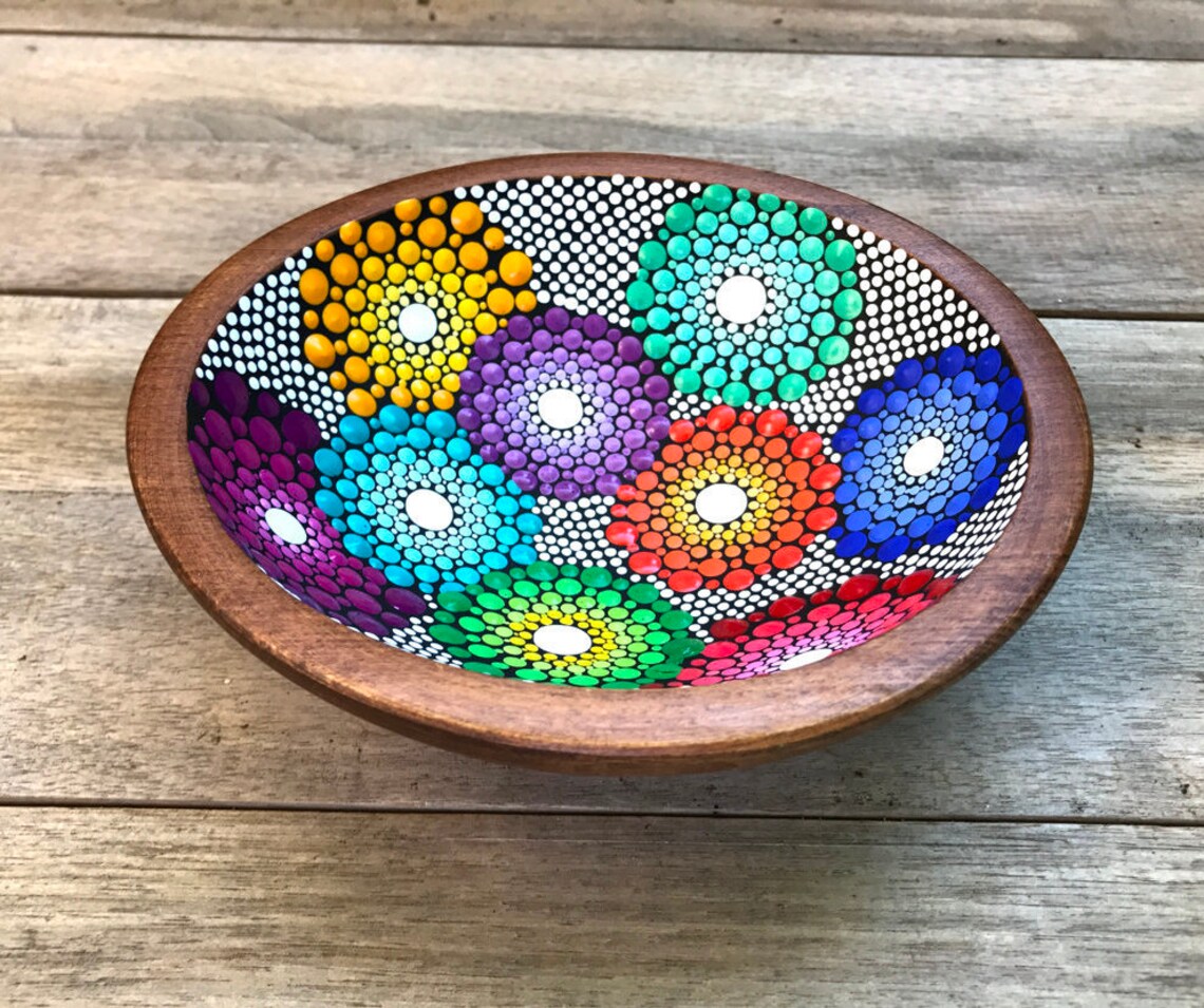 Mandala Wood Bowl / hand painted mandala / dot mandala / Etsy