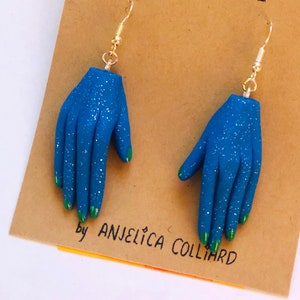 Sparkly Cobalt Blue With Silver Glitter Whimsical Hand Earrings with Green Nails - Handmade Mini Polymer Clay Hand Charms for Your Ears!