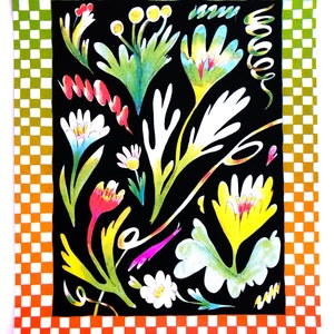 Magic Checker Plant Riso Print - Colorful Luminous Jellicore Drawing Risograph Printed by Tiny Splendor Press with Checker Border