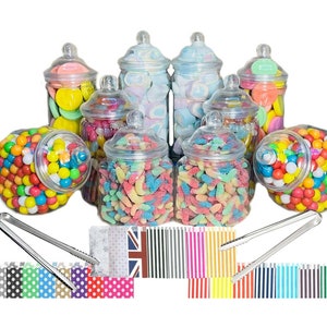 10 Cute Assorted Plastic Sweet Jars incl. 5 styles and sizes, 2 Tongs, 50 or 100 Bags for Truly Sweet Candy Buffet, Party Treats, Party Bags