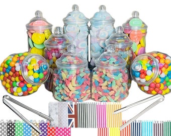 10 Cute Assorted Plastic Sweet Jars incl. 5 styles and sizes, 2 Tongs, 50 or 100 Bags for Truly Sweet Candy Buffet, Party Treats, Party Bags