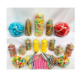 Plastic Sweet Jar Party Pack 15 Jars, 1 tong, 1 scoop, 100 bags Just add sweets to create a Truly Sweet Candy Buffet for wedding party event