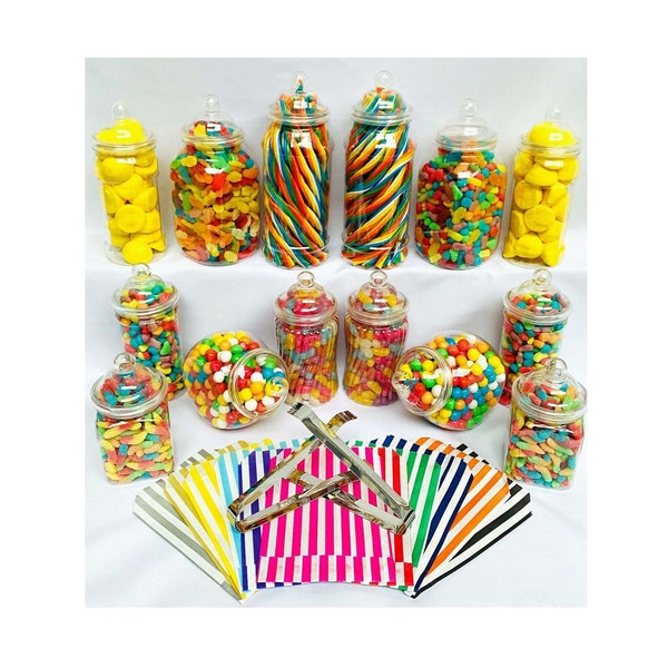 14 Plastic Sweet Jars, 7 styles, 2 tongs, 50 bags for Truly Sweet Candy Buffet