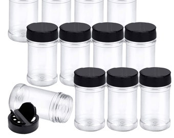 Plastic Spice Jars with Shaker Black Flip Top lid for storing Herbs Powders Glitter Crafts 270ml Removable Induction Heat Seal