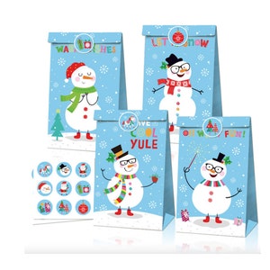Sacchetti di carta natalizi con adesivi abbinati, motivo pupazzo di neve, regalo di caramelle natalizie, biscotti, dolcetti, bottino, bomboniere, artigianato. Crea il regalo perfetto.