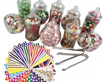 Plastic Jar Party Pack 10 Cute Jars 2 Tongs 50 Bags (choice of colour) Add Sweets to create unique Candy Cart Table for Party wedding event