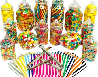 14 Plastic Sweet Jars, 7 styles, 2 tongs, 50 bags. Create your own unique Truly Sweet Candy Buffet, Sweet Table for your wedding party event