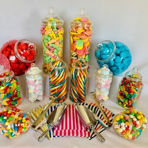 12 Jar Vintage Style Plastic Sweet Jars, 6 styles, 2 tongs, 2 scoops, 100 bags Do-it-yourself Candy Buffet, Wedding, Christmas, Party