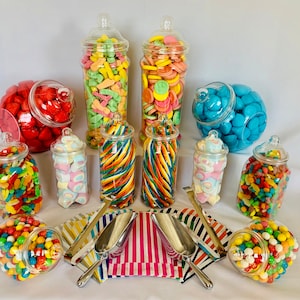 12 Jar Vintage Style Plastic Sweet Jars, 6 styles, 2 tongs, 2 scoops, 100 bags Do-it-yourself Candy Buffet, Wedding, Christmas, Party