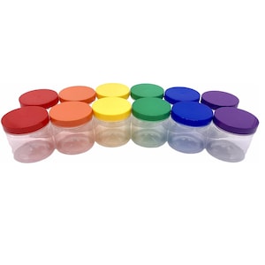12 Plastic Storage Jars with Rainbow lids Cute 250ml Jar Ideal for Kitchen Garage or Craft Organisation or Wedding Favours