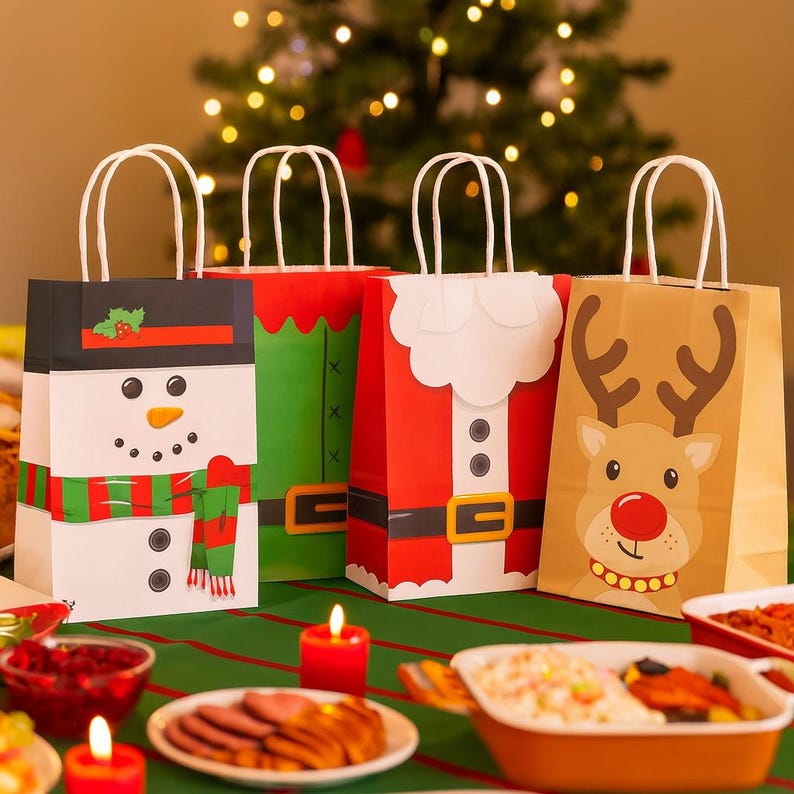 May include: Four Christmas-themed gift bags with festive designs. The bags feature a snowman, elf, Santa Claus, and a reindeer. Each has a white handle and is decorated with holiday colours and imagery. Ideal for Christmas gifting.