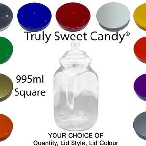 May include: A clear 995 ml square glass jar with a lid. The jar is surrounded by a variety of coloured lids, including red, blue, green, yellow, gold, orange, purple, and grey. The text "Truly Sweet Candy®" is printed above the jar. The text "995ml Square" is printed below the jar. The text "YOUR CHOICE OF Quantity, Lid Style, Lid Colour" is printed below the lids.