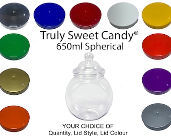 650ml Spherical Plastic Jars with a choice of lid colour, style and quantity. Ideal for Craft, Food, Garage storage/organisation or Sweets