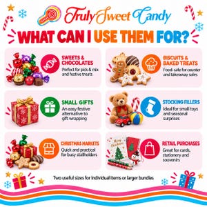 K&ouml;nnte beinhalten: Eine Infografik mit dem Titel Truly Sweet Candy What Can I Use Them For? mit sechs Abschnitten, die Symbole und Text zur Verwendung von Verpackungen f&uuml;r S&uuml;&szlig;igkeiten, Schokolade, Geb&auml;ck, Geschenke, Weihnachtsartikel und Einzelhandelseink&auml;ufe zeigen.