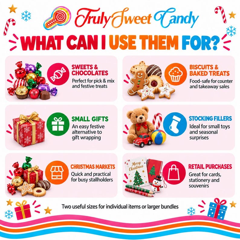 K&ouml;nnte beinhalten: Eine Infografik mit dem Titel Truly Sweet Candy What Can I Use Them For? mit sechs Abschnitten, die Symbole und Text zur Verwendung von Verpackungen f&uuml;r S&uuml;&szlig;igkeiten, Schokolade, Geb&auml;ck, Geschenke, Weihnachtsartikel und Einzelhandelseink&auml;ufe zeigen.