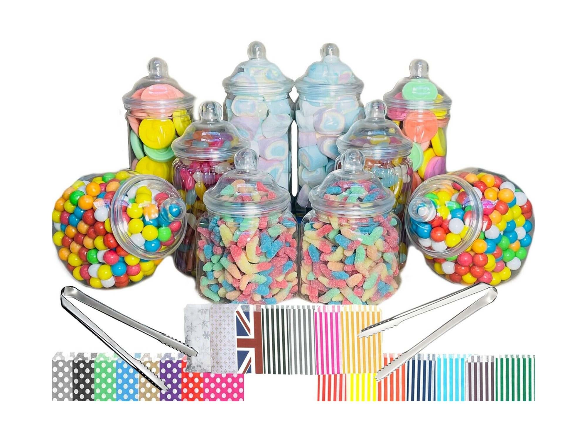 Confezione da festa in barattoli di plastica, 10 barattoli di dolciumi assortiti, 5 stili, 2 pinze, 50 o 100 sacchetti. Crea un buffet di dolciumi davvero dolce per il tuo matrimonio o evento.