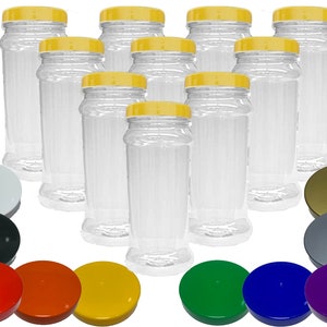 May include: Ten clear glass jars with yellow lids. The jars are arranged in two rows of five. There are ten additional lids in various colours: white, black, gold, grey, red, orange, yellow, green, blue, and purple.