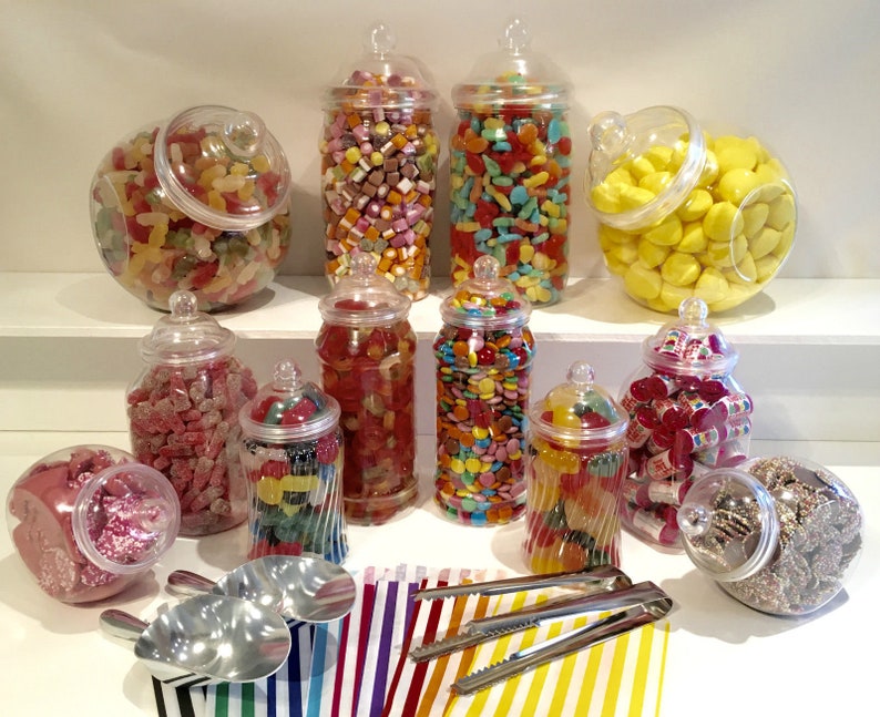 Vintage Plastic Sweet Jars 12 Jars, 2 Scoops, 2 Tongs and 100 bags 11 Colours Candy Table, Sweet Table, Sweet Buffet image 1